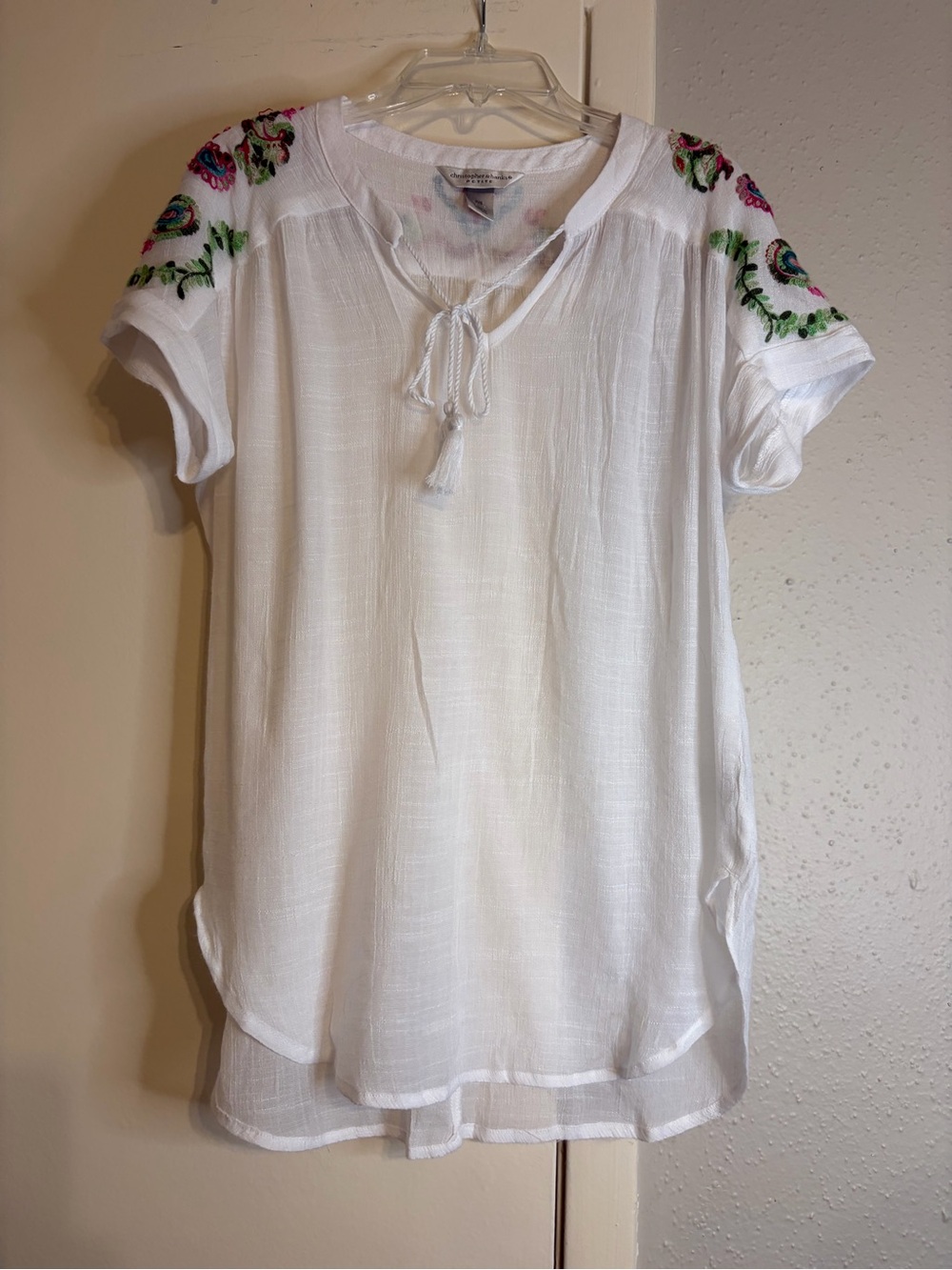 Christopher & Banks White Embroidered Peasant Tunic with Floral Shoulders